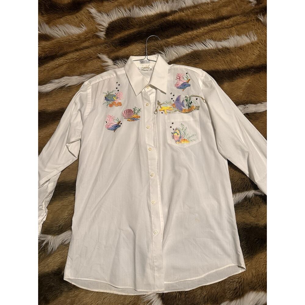 Vintage Tia S Designs Sea Life Embroidered Shirt White Button Down Sea Shells